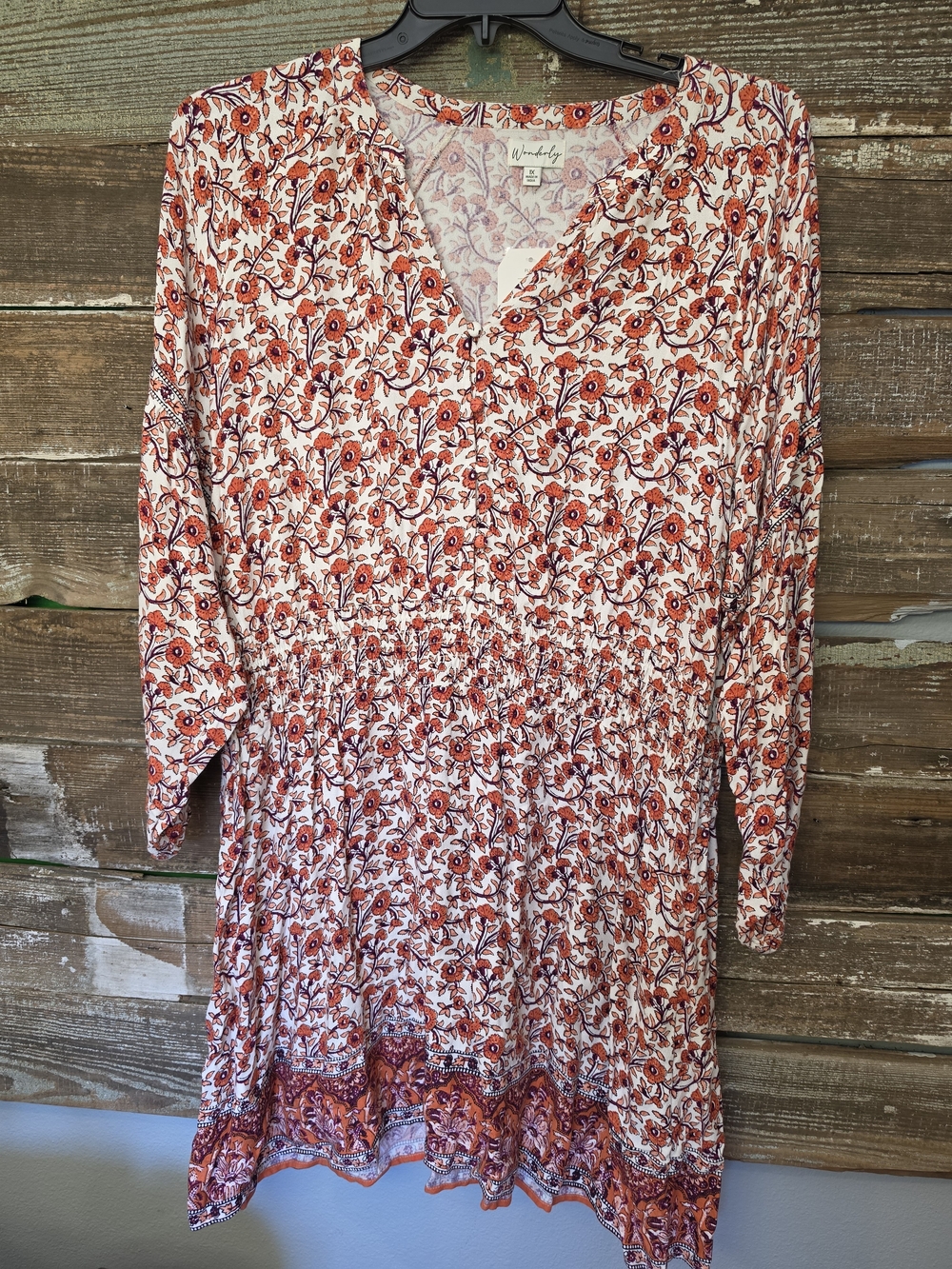 Wonderly Women’s 1X Floral Boho Long Sleeve Dress Orange Ivory NWT - Picture 2 of 4